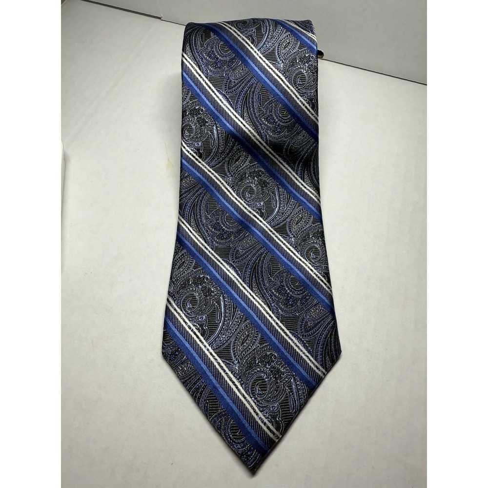 Pronto Uomo Couture Silk Tie XL Gray Blue Stripes Tonal Jacquard Paisley EUC